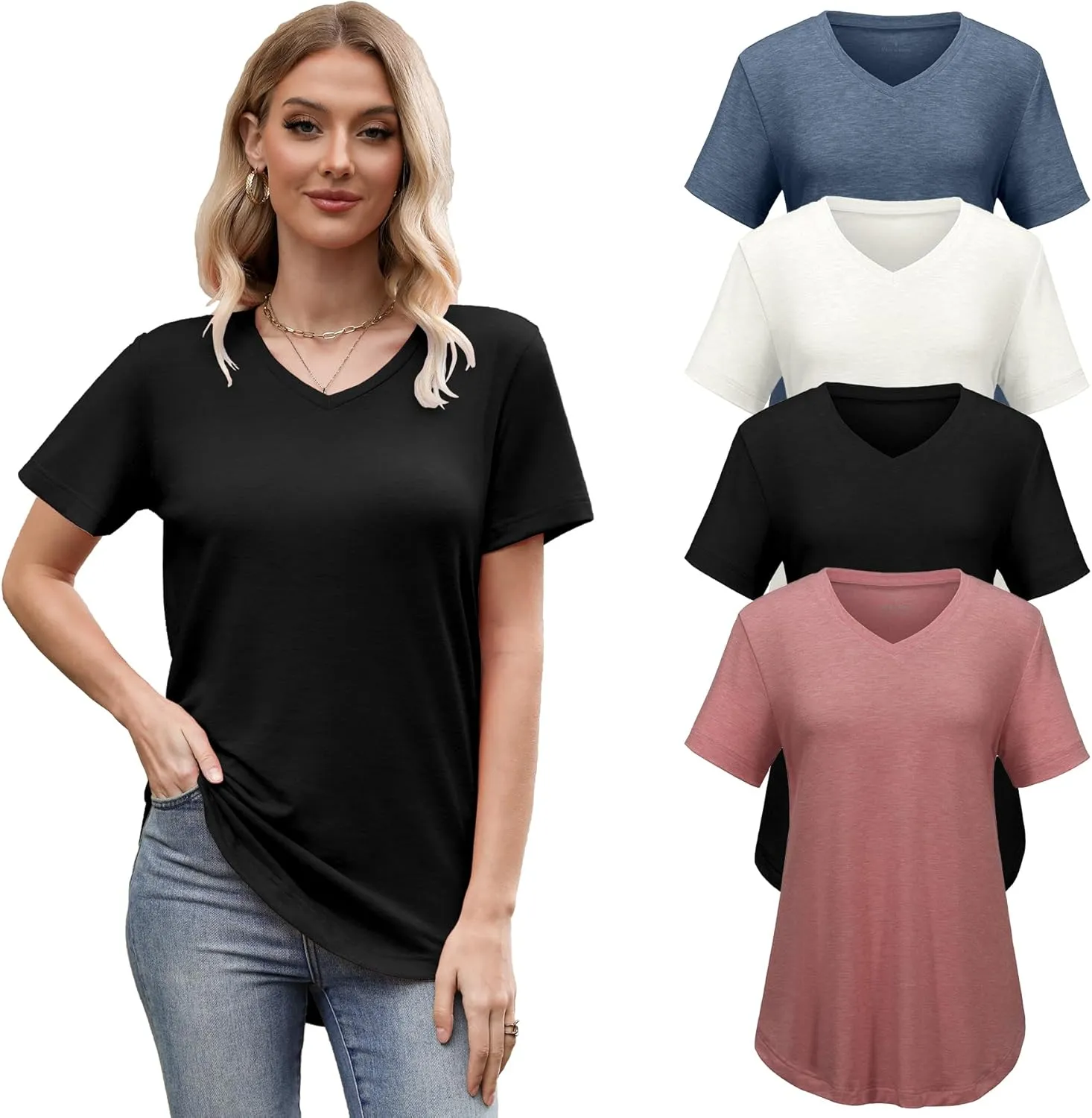 4 Pack Womens Tops Basic Summer V Neck T Shirts Short Sleeve Tshirts Shirts Casual Loose Fit Tops 2025 Trendy Clothes