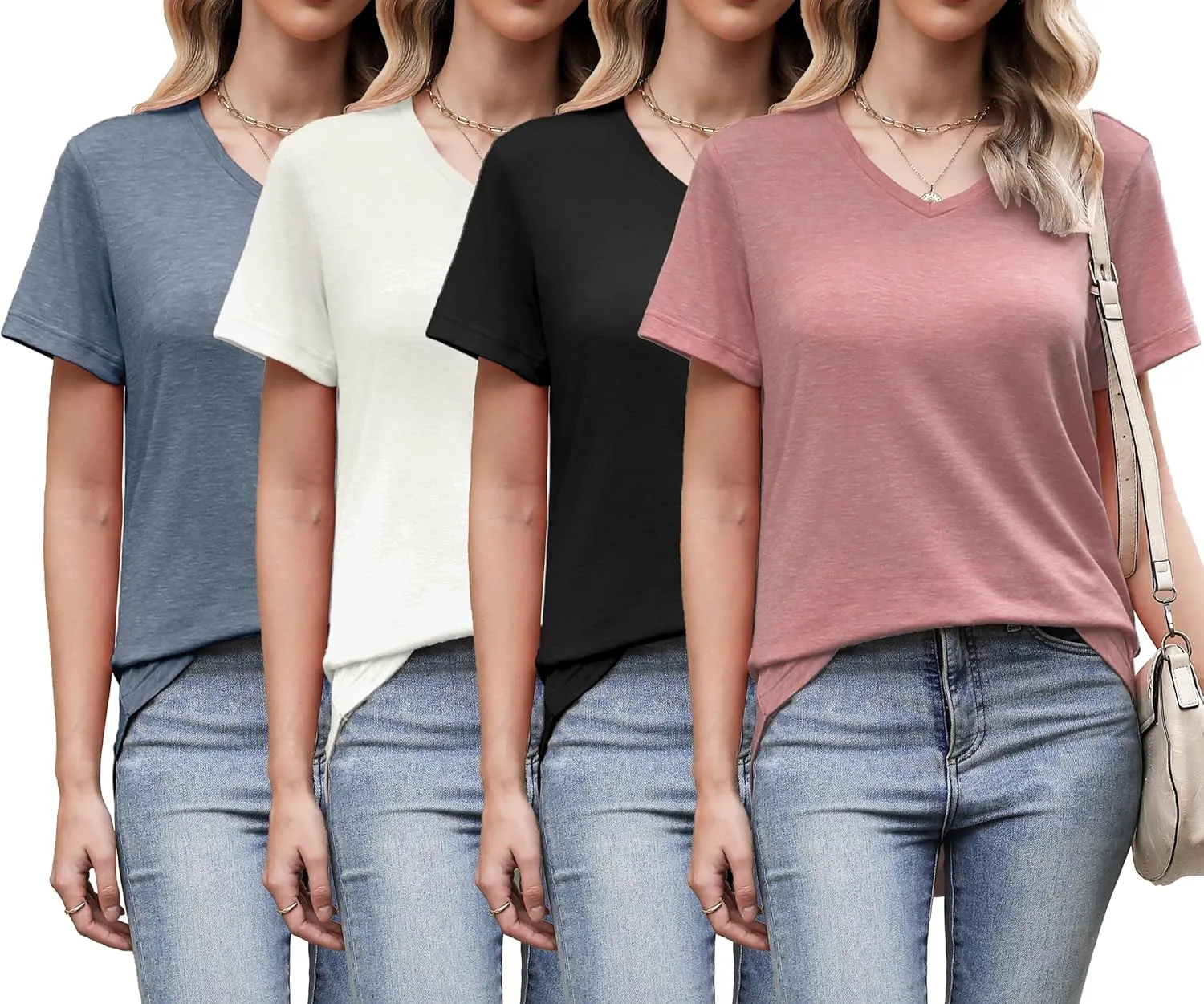 4 Pack Womens Tops Basic Summer V Neck T Shirts Short Sleeve Tshirts Shirts Casual Loose Fit Tops 2025 Trendy Clothes
