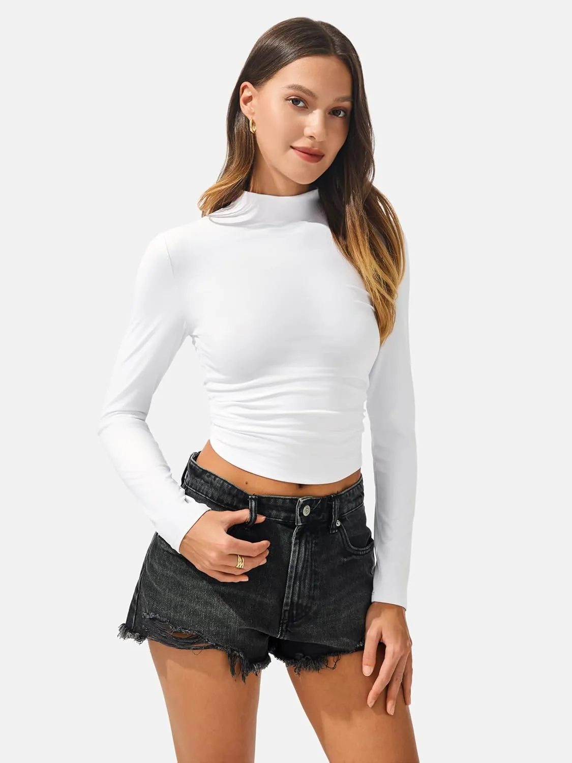 AFITNE Long Sleeve Shirts for Women Mock Neck Slim Fit Stretchy Casual T-Shirts Going Out Tops Basic Outfits