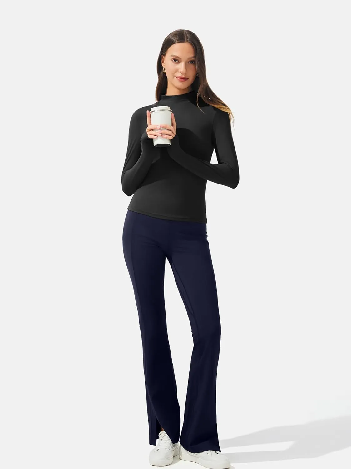 AFITNE Long Sleeve Shirts for Women Mock Neck Slim Fit Stretchy Casual T-Shirts Going Out Tops Basic Outfits