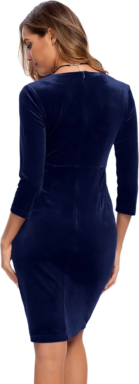 Atnlewhi Womens Velvet Bodycon Dresses Long Sleeve Deep V Neck Sexy Wrap Dress for Wedding Cocktail Evening Holiday Party