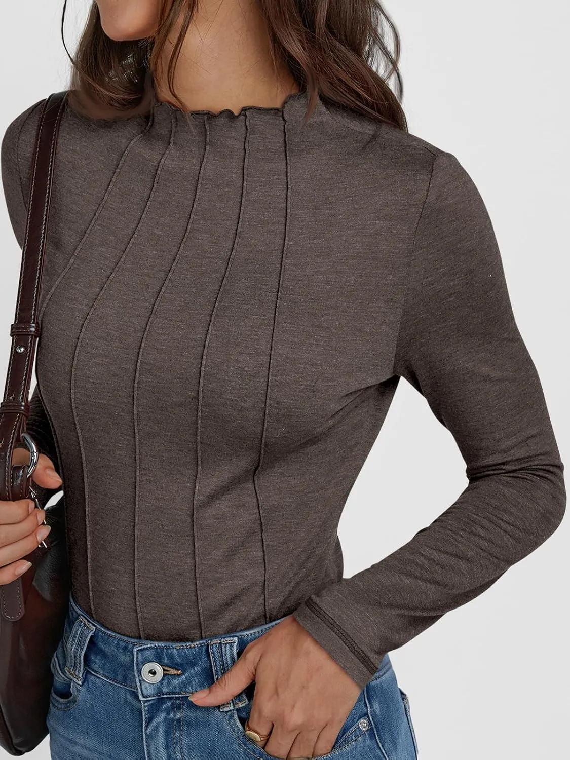 AUTOMET Pleated Long Sleeve Shirts Womens Lettuce Trim Mock Neck Blouses Casual Slim Fit Tops