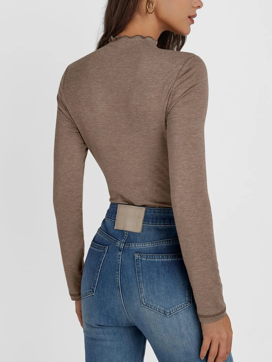 AUTOMET Pleated Long Sleeve Shirts Womens Lettuce Trim Mock Neck Blouses Casual Slim Fit Tops