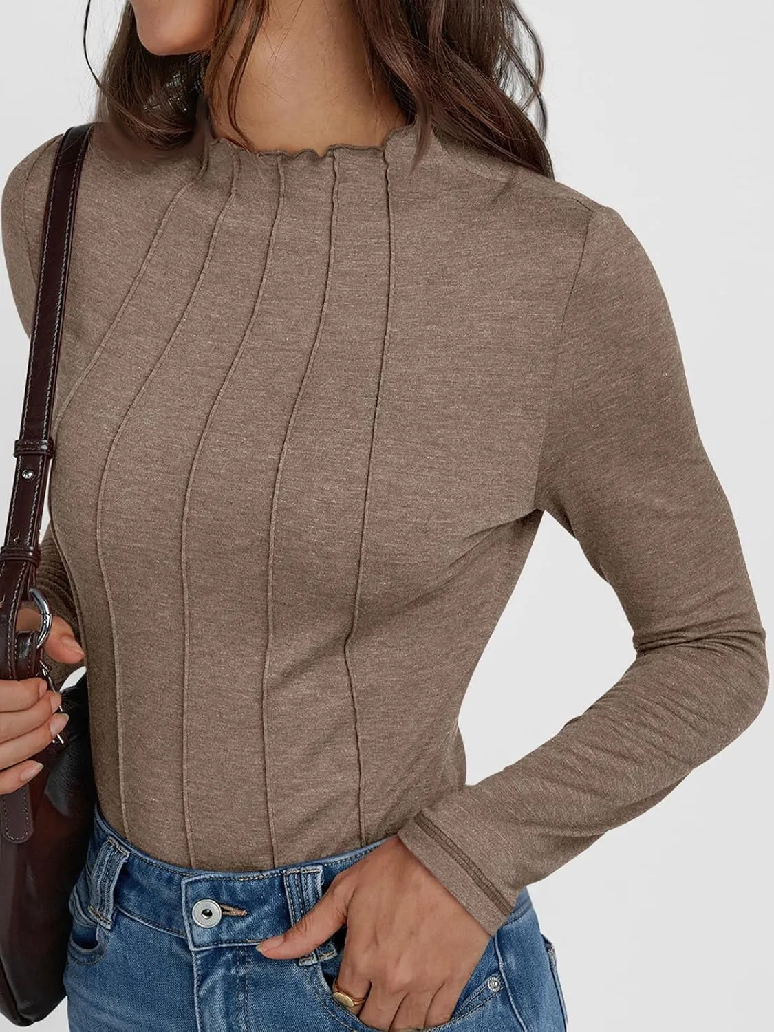 AUTOMET Pleated Long Sleeve Shirts Womens Lettuce Trim Mock Neck Blouses Casual Slim Fit Tops