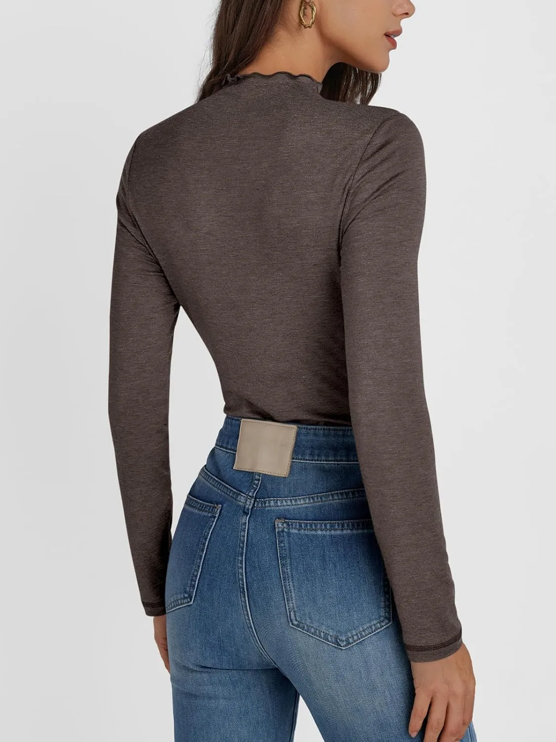 AUTOMET Pleated Long Sleeve Shirts Womens Lettuce Trim Mock Neck Blouses Casual Slim Fit Tops