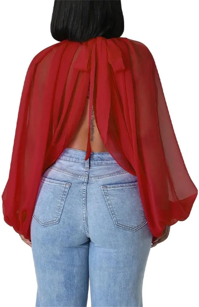 cu4eve Chiffon Blouses for Women Summmer Sexy Open Back Sheer See Through Tie Batwing Sleeve Tops Tunic Shirts