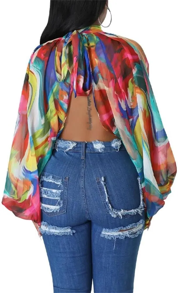 cu4eve Chiffon Blouses for Women Summmer Sexy Open Back Sheer See Through Tie Batwing Sleeve Tops Tunic Shirts