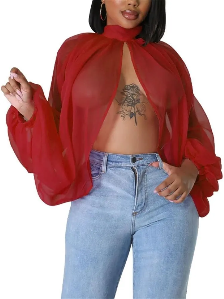 cu4eve Chiffon Blouses for Women Summmer Sexy Open Back Sheer See Through Tie Batwing Sleeve Tops Tunic Shirts