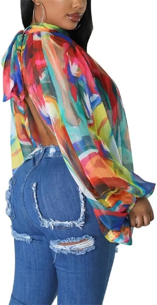 cu4eve Chiffon Blouses for Women Summmer Sexy Open Back Sheer See Through Tie Batwing Sleeve Tops Tunic Shirts
