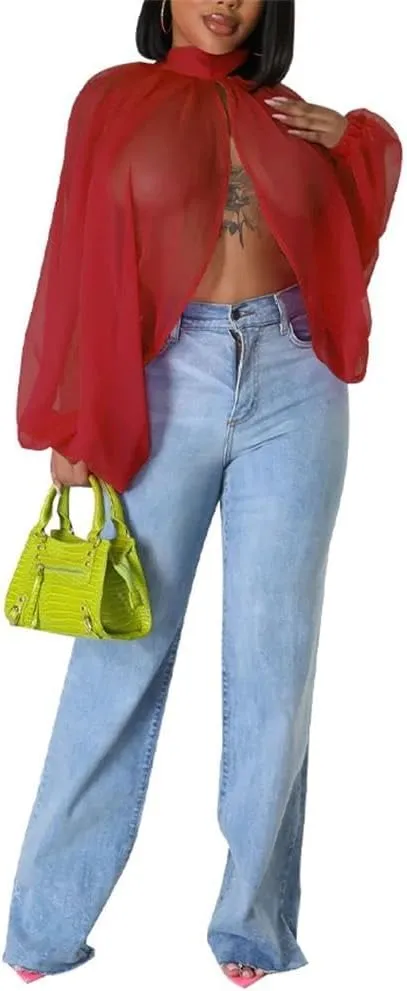cu4eve Chiffon Blouses for Women Summmer Sexy Open Back Sheer See Through Tie Batwing Sleeve Tops Tunic Shirts
