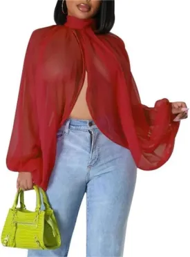 cu4eve Chiffon Blouses for Women Summmer Sexy Open Back Sheer See Through Tie Batwing Sleeve Tops Tunic Shirts