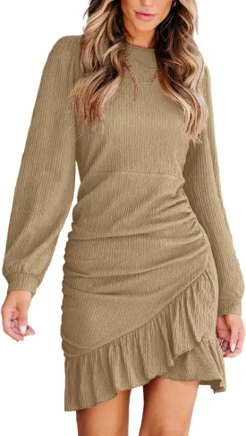 CUPSHE Women Knit Ruched Summer Dress Smocked Ruffle Hem Crew Neck Long Sleeve Bodycon Sexy Casual Holiday Mini Dress