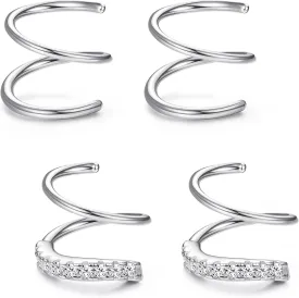FUNRUN JEWELRY 2Pairs 925 Sterling Silver Twist Wrap Spiral Earrings for Women Double Hoop Climber Cuff Earrings Hypoallergenic Tiny CZ Cartilage Twist Piercing Earrings