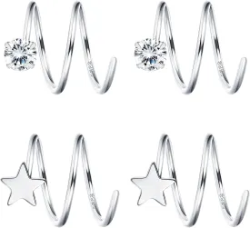 FUNRUN JEWELRY 2Pairs 925 Sterling Silver Twist Wrap Spiral Earrings for Women Double Hoop Climber Cuff Earrings Hypoallergenic Tiny CZ Cartilage Twist Piercing Earrings