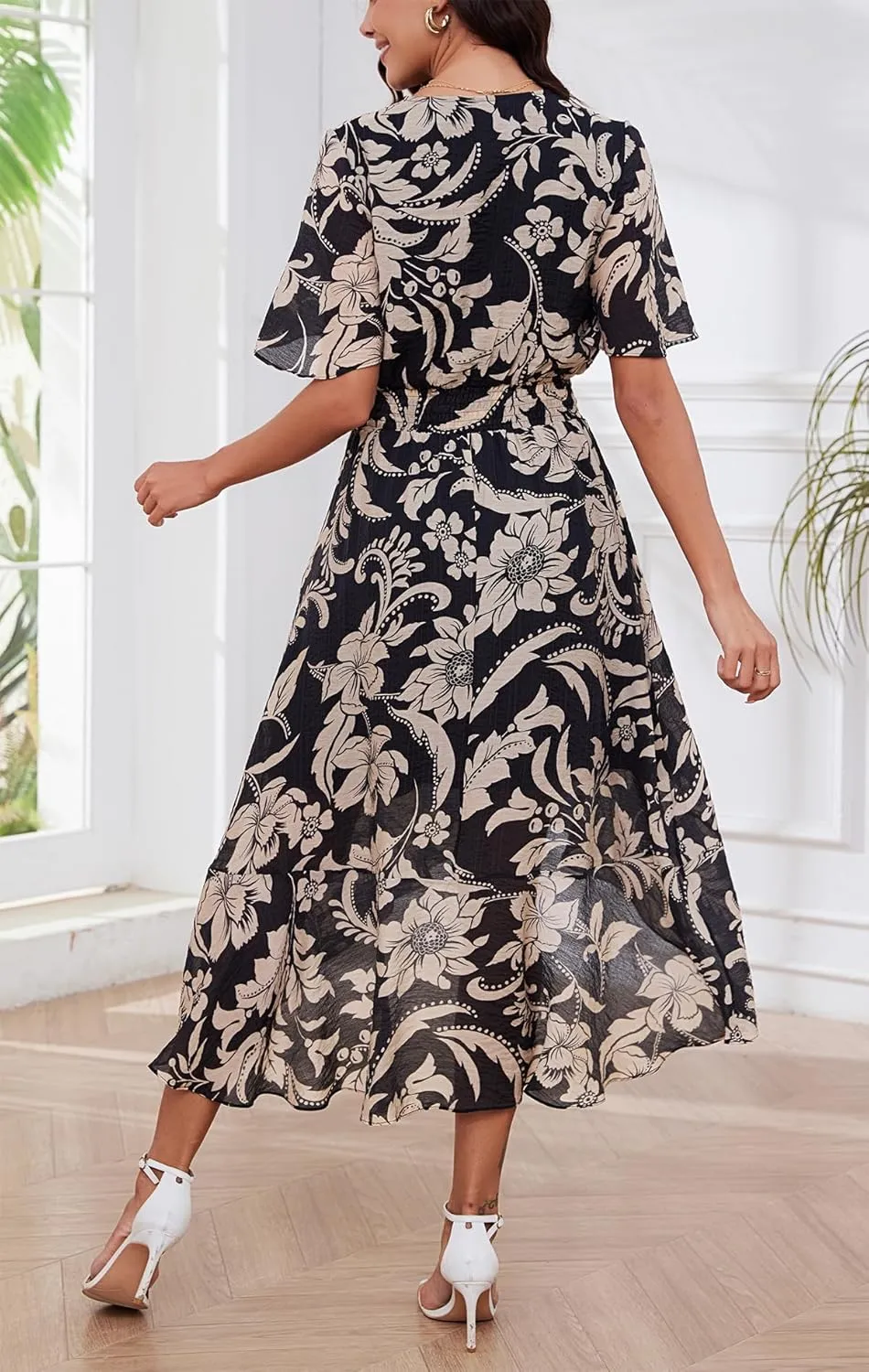 Kormei Womens Short Sleeve Floral High Low V-Neck Flowy Party Long Maxi Dress