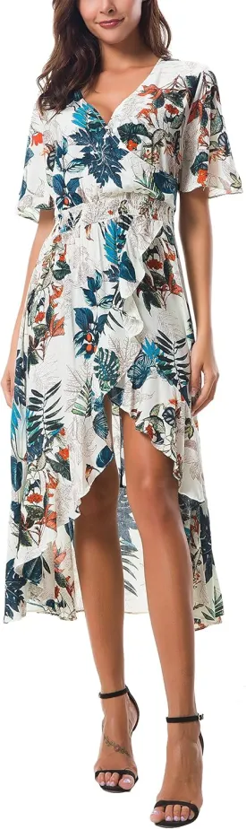Kormei Womens Short Sleeve Floral High Low V-Neck Flowy Party Long Maxi Dress