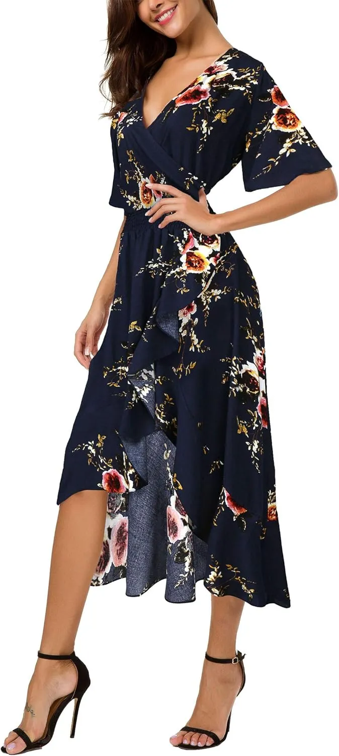 Kormei Womens Short Sleeve Floral High Low V-Neck Flowy Party Long Maxi Dress