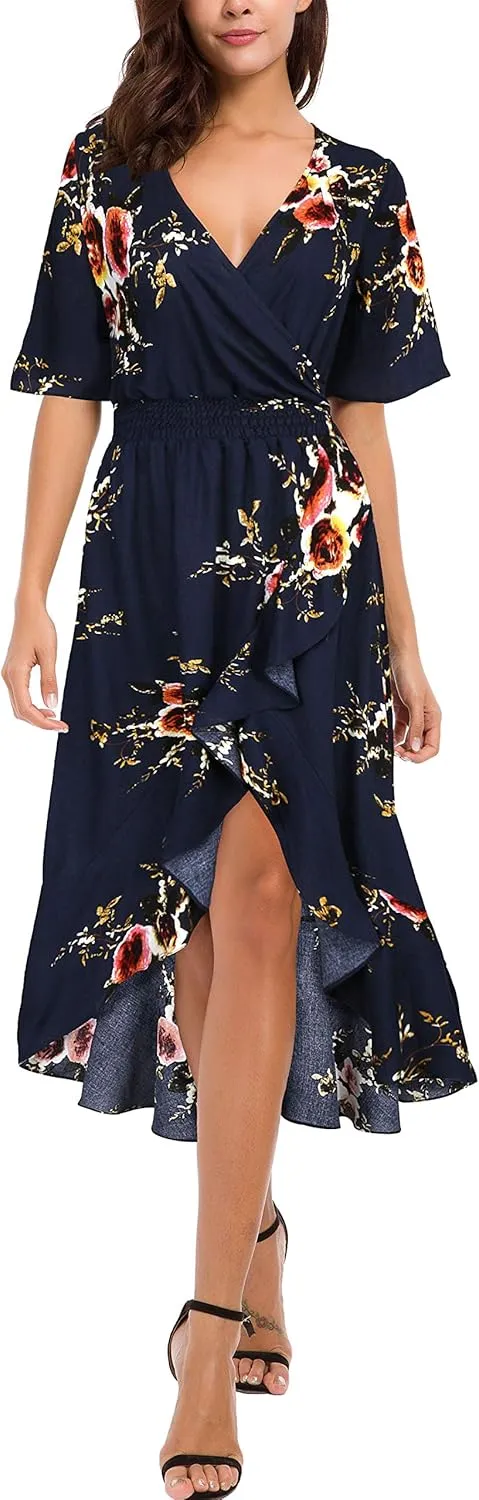 Kormei Womens Short Sleeve Floral High Low V-Neck Flowy Party Long Maxi Dress