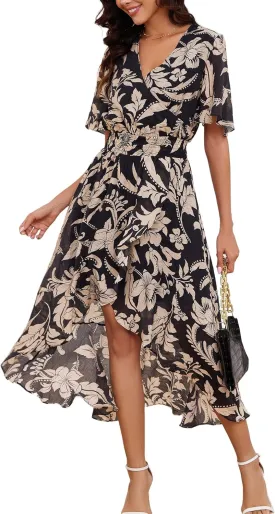 Kormei Womens Short Sleeve Floral High Low V-Neck Flowy Party Long Maxi Dress
