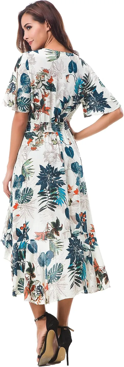 Kormei Womens Short Sleeve Floral High Low V-Neck Flowy Party Long Maxi Dress