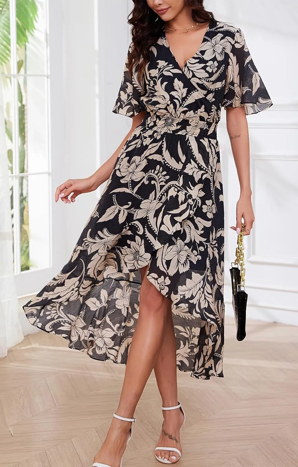 Kormei Womens Short Sleeve Floral High Low V-Neck Flowy Party Long Maxi Dress