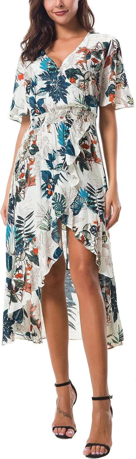Kormei Womens Short Sleeve Floral High Low V-Neck Flowy Party Long Maxi Dress
