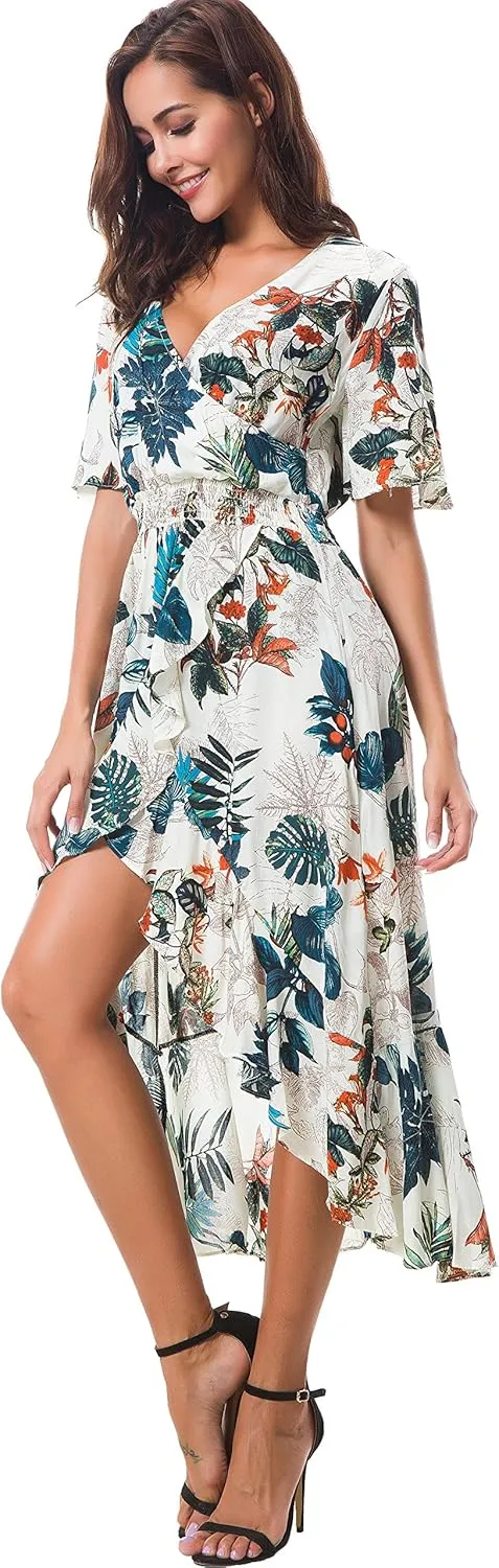 Kormei Womens Short Sleeve Floral High Low V-Neck Flowy Party Long Maxi Dress