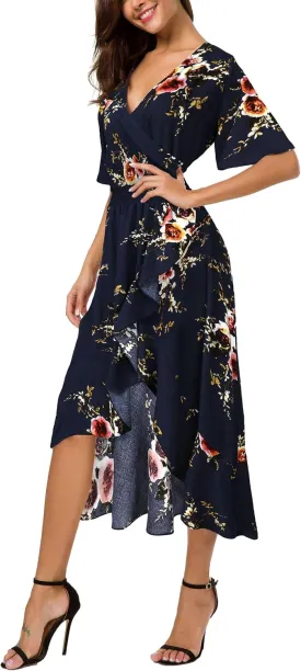 Kormei Womens Short Sleeve Floral High Low V-Neck Flowy Party Long Maxi Dress