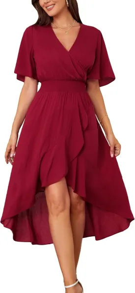 Kormei Womens Short Sleeve Floral High Low V-Neck Flowy Party Long Maxi Dress