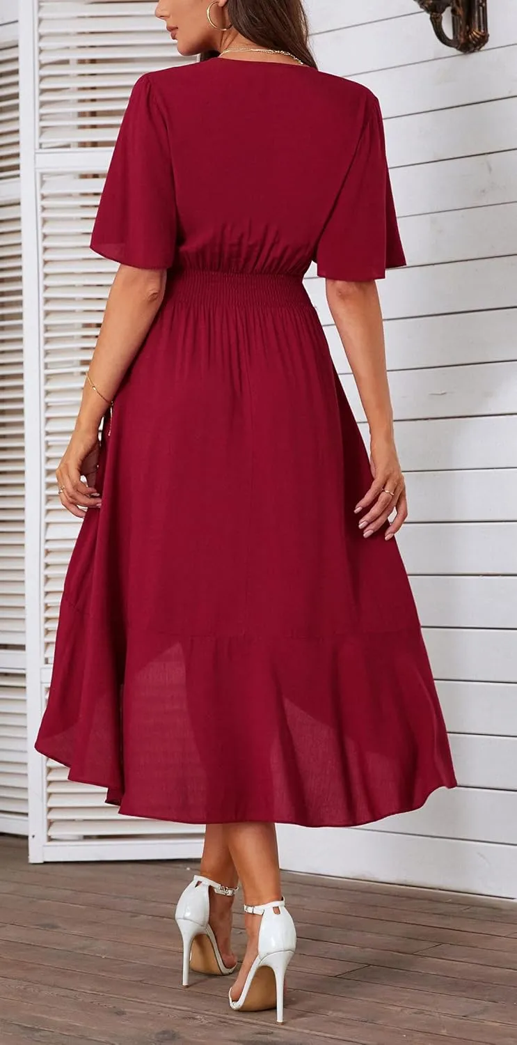 Kormei Womens Short Sleeve Floral High Low V-Neck Flowy Party Long Maxi Dress