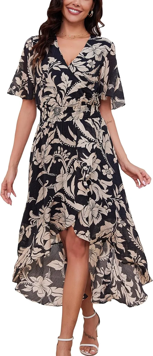 Kormei Womens Short Sleeve Floral High Low V-Neck Flowy Party Long Maxi Dress