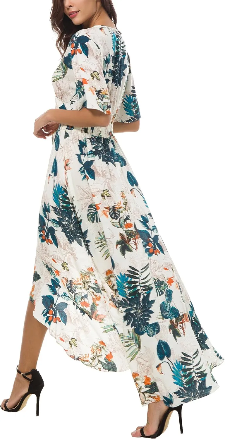 Kormei Womens Short Sleeve Floral High Low V-Neck Flowy Party Long Maxi Dress