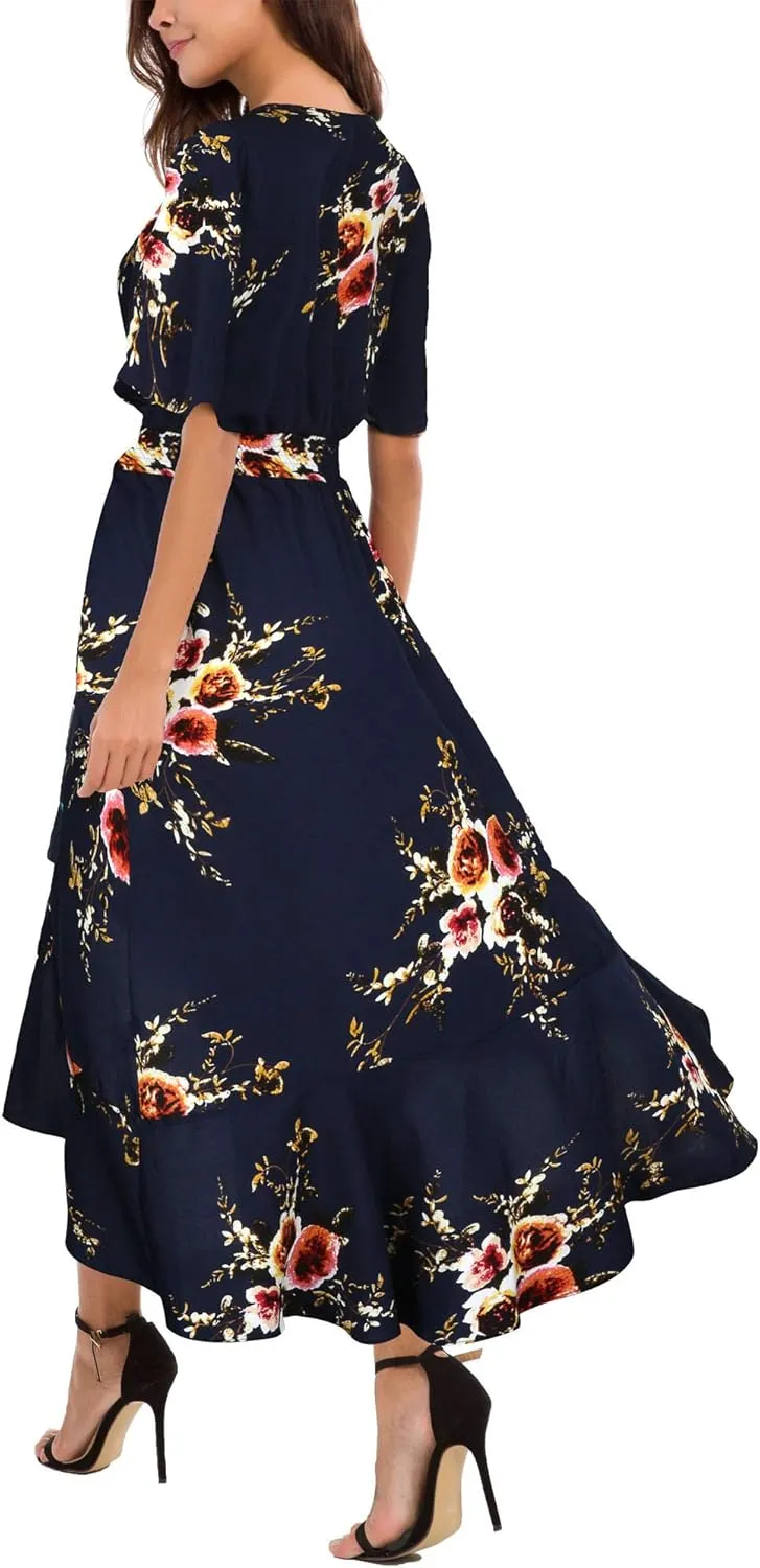 Kormei Womens Short Sleeve Floral High Low V-Neck Flowy Party Long Maxi Dress