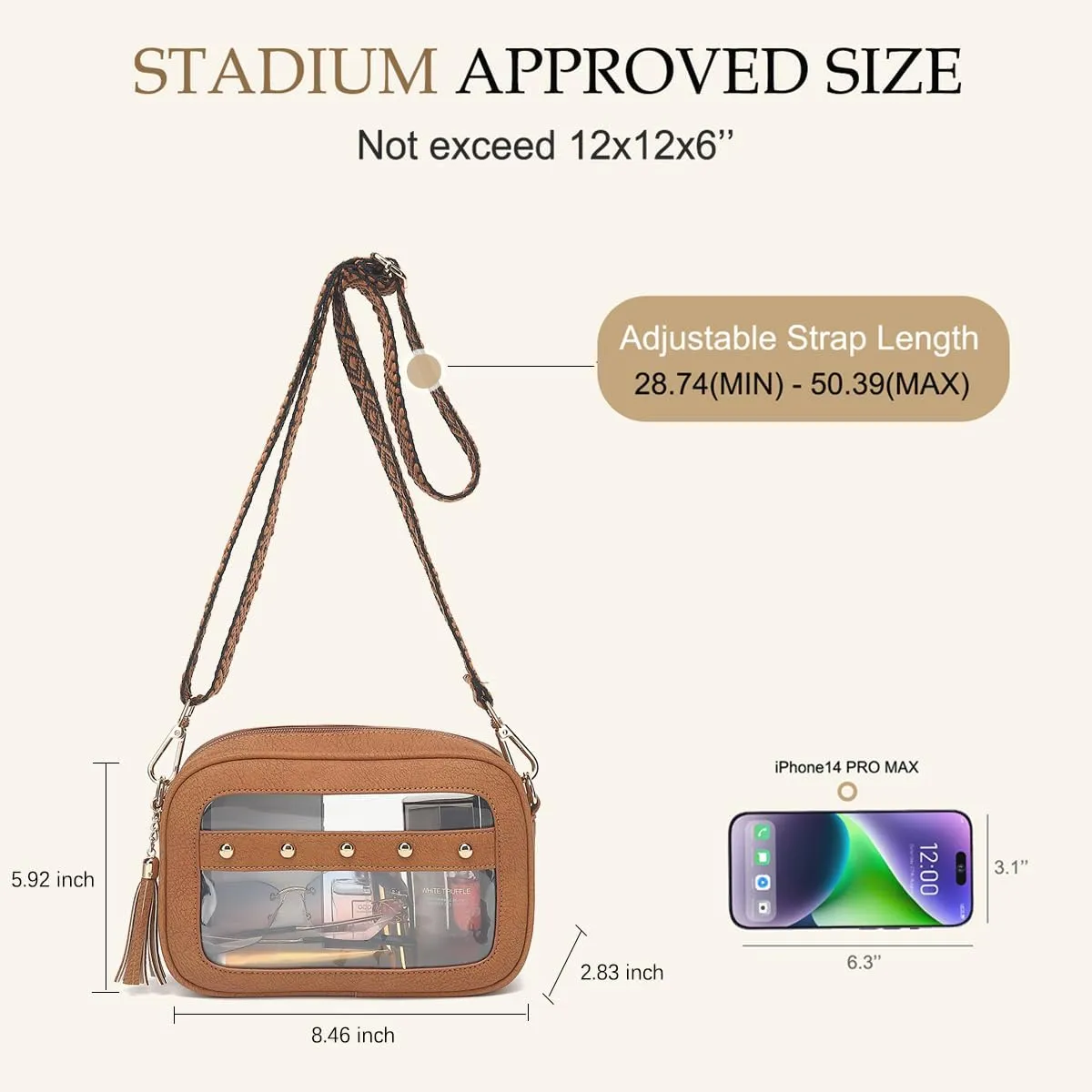 LOXOMU Clear Stadium Bag for Women - Small Crossbody Purse with Guitar Strap, Stadium Event Bag