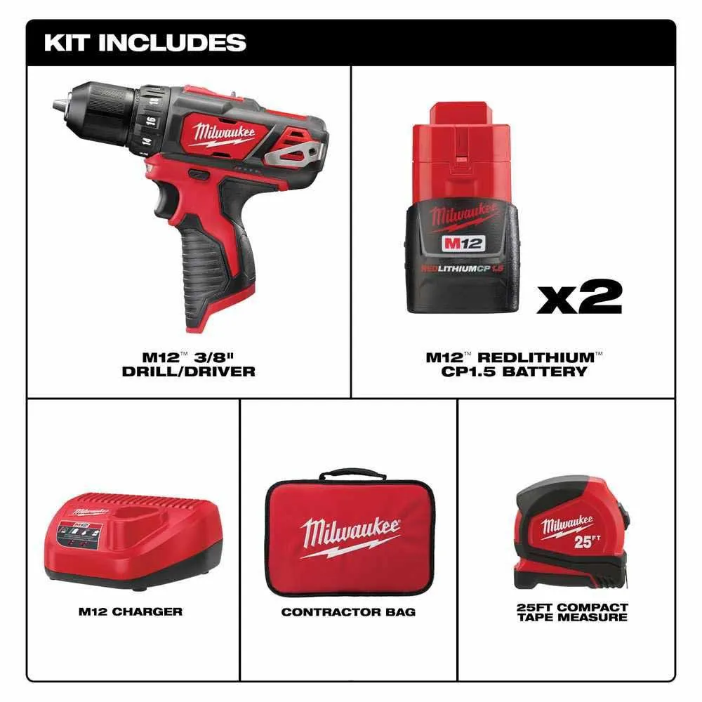 Milwaukee 2407-22T M12 Cordless 3/8 in. Drill Driver Kit with 25 ft Tape Measure