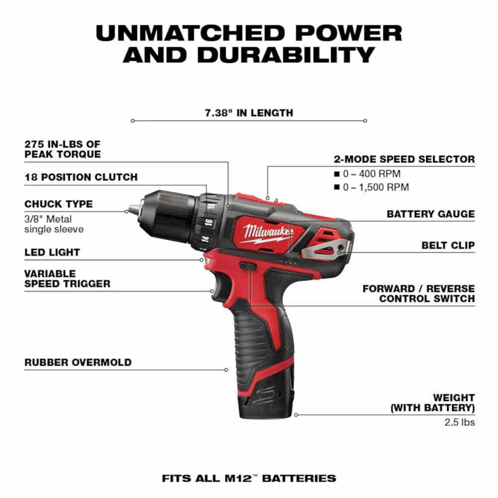 Milwaukee 2407-22T M12 Cordless 3/8 in. Drill Driver Kit with 25 ft Tape Measure
