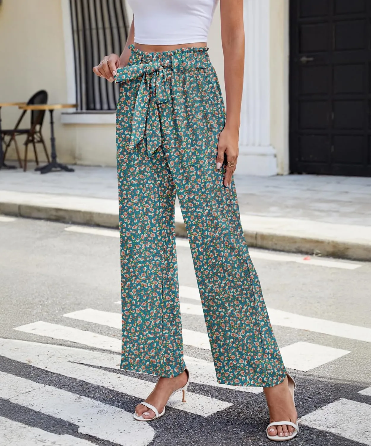 NILOUFO Women Summer Casual Wide Leg Pants High Waisted Elastic Tie Knot Boho Beach Trousers with Pockets