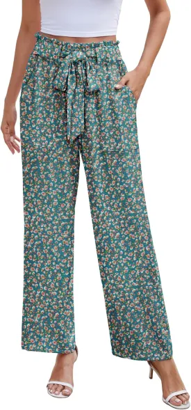 NILOUFO Women Summer Casual Wide Leg Pants High Waisted Elastic Tie Knot Boho Beach Trousers with Pockets