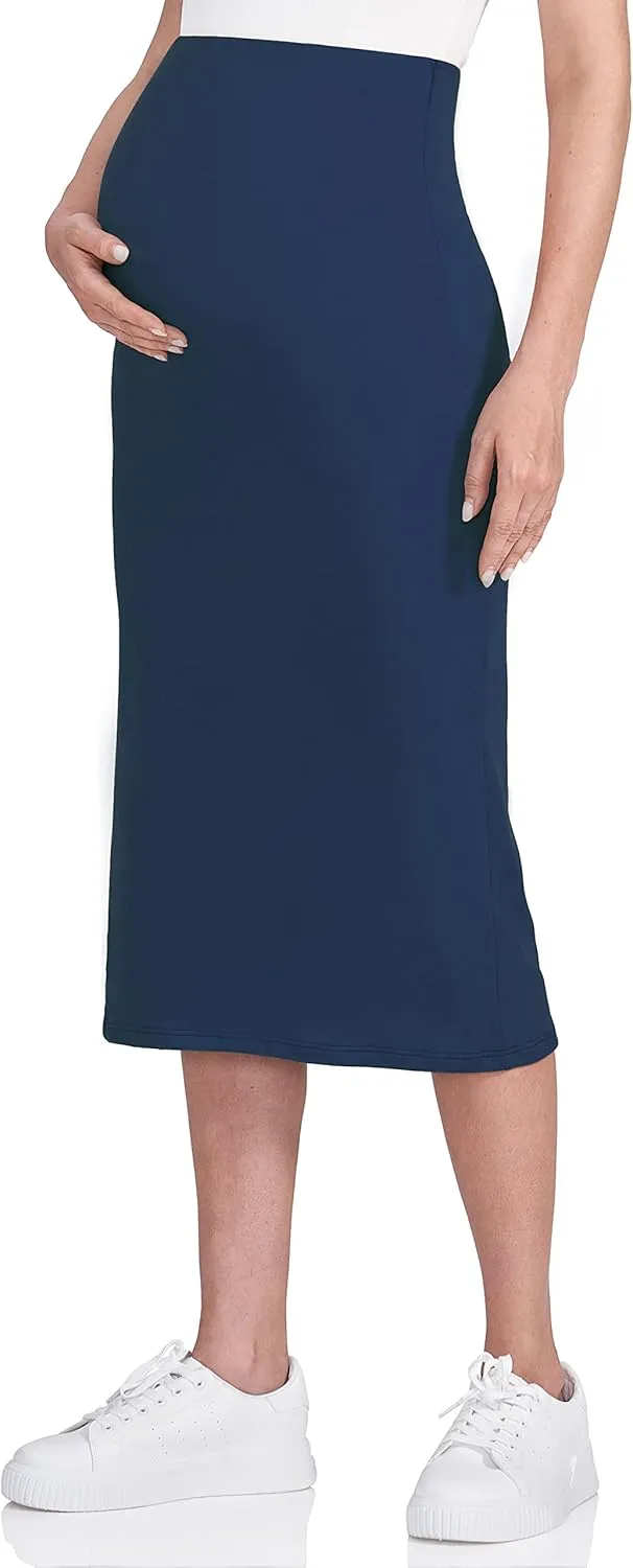 POSHDIVAH Women's Maternity Skirt Over The Belly Midi High Waisted Solid Stretchy Pregnancy Pencil Skirt