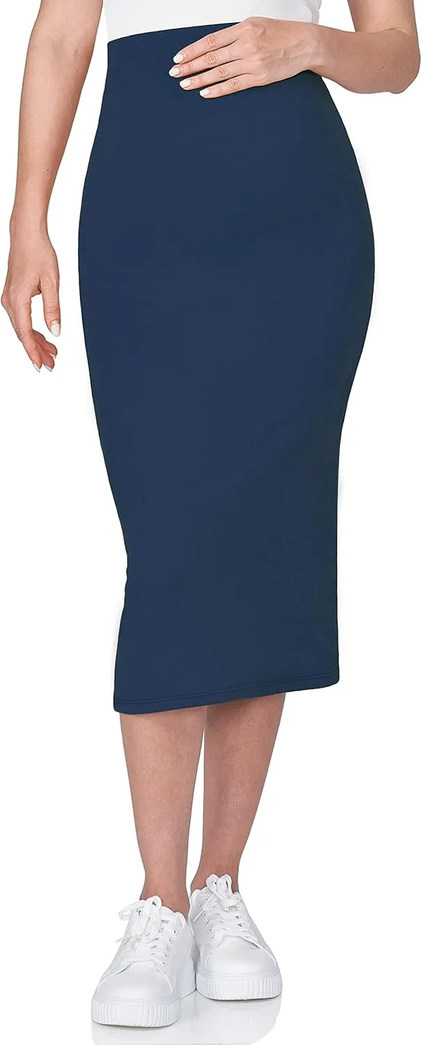 POSHDIVAH Women's Maternity Skirt Over The Belly Midi High Waisted Solid Stretchy Pregnancy Pencil Skirt
