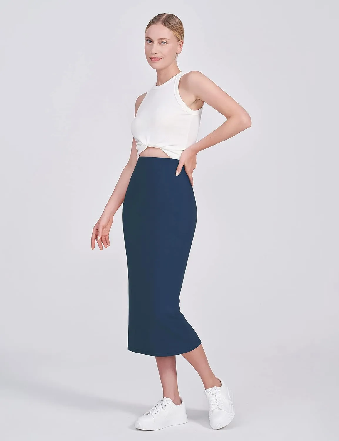 POSHDIVAH Women's Maternity Skirt Over The Belly Midi High Waisted Solid Stretchy Pregnancy Pencil Skirt