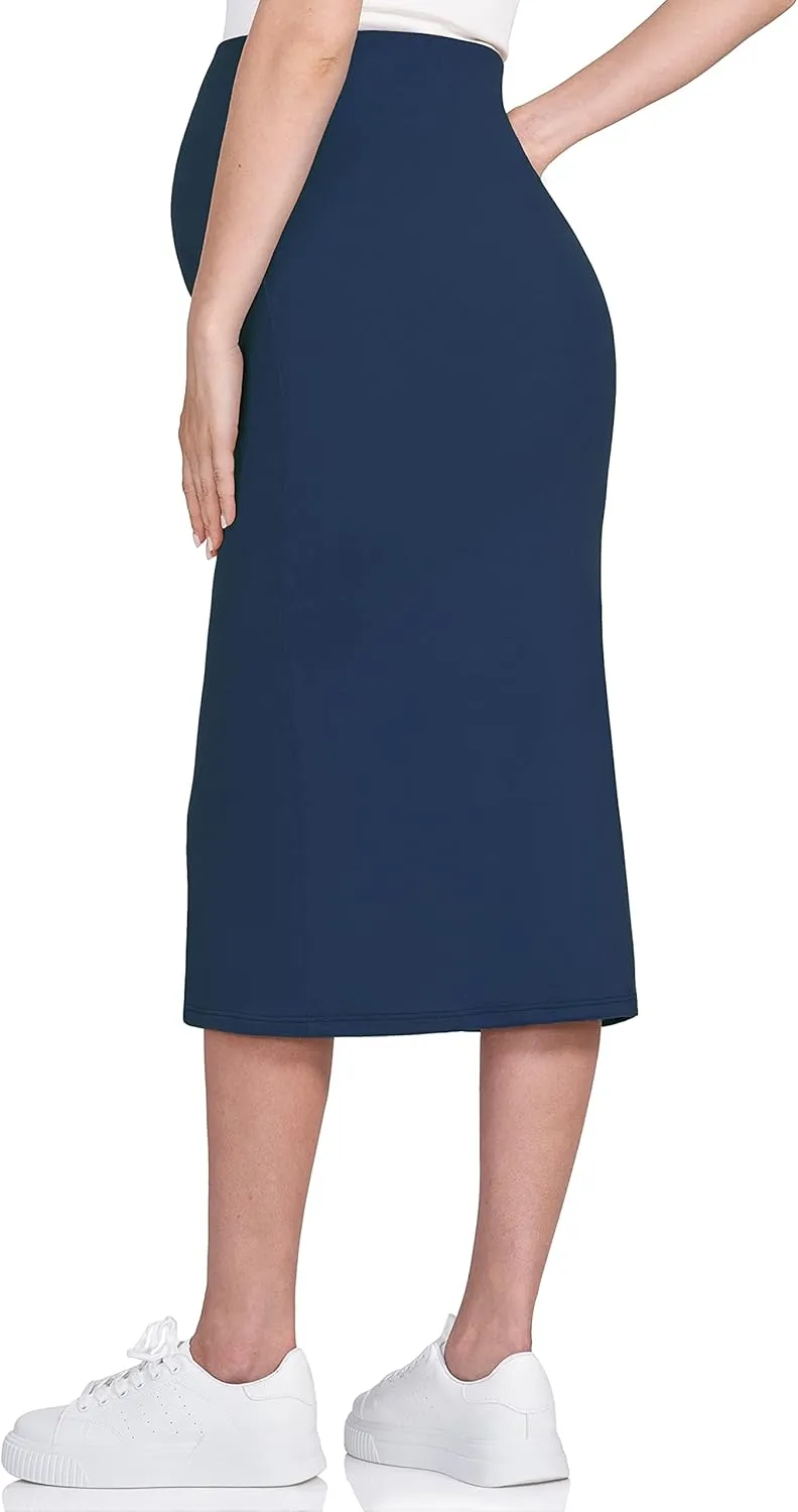 POSHDIVAH Women's Maternity Skirt Over The Belly Midi High Waisted Solid Stretchy Pregnancy Pencil Skirt