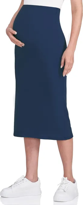 POSHDIVAH Women's Maternity Skirt Over The Belly Midi High Waisted Solid Stretchy Pregnancy Pencil Skirt