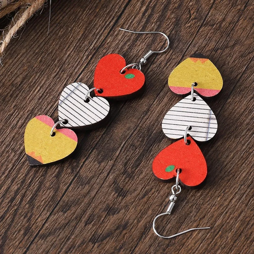 Ronglry Double-sided Print Wooden Teacher Earrings for Women Apple Pencil Book Heart Rainbow Shaped Dangle Earrings for Teachers Lightweight Back to School Graduation Earrings Fun Teacher Appreciation Jewelry Gifts from Students