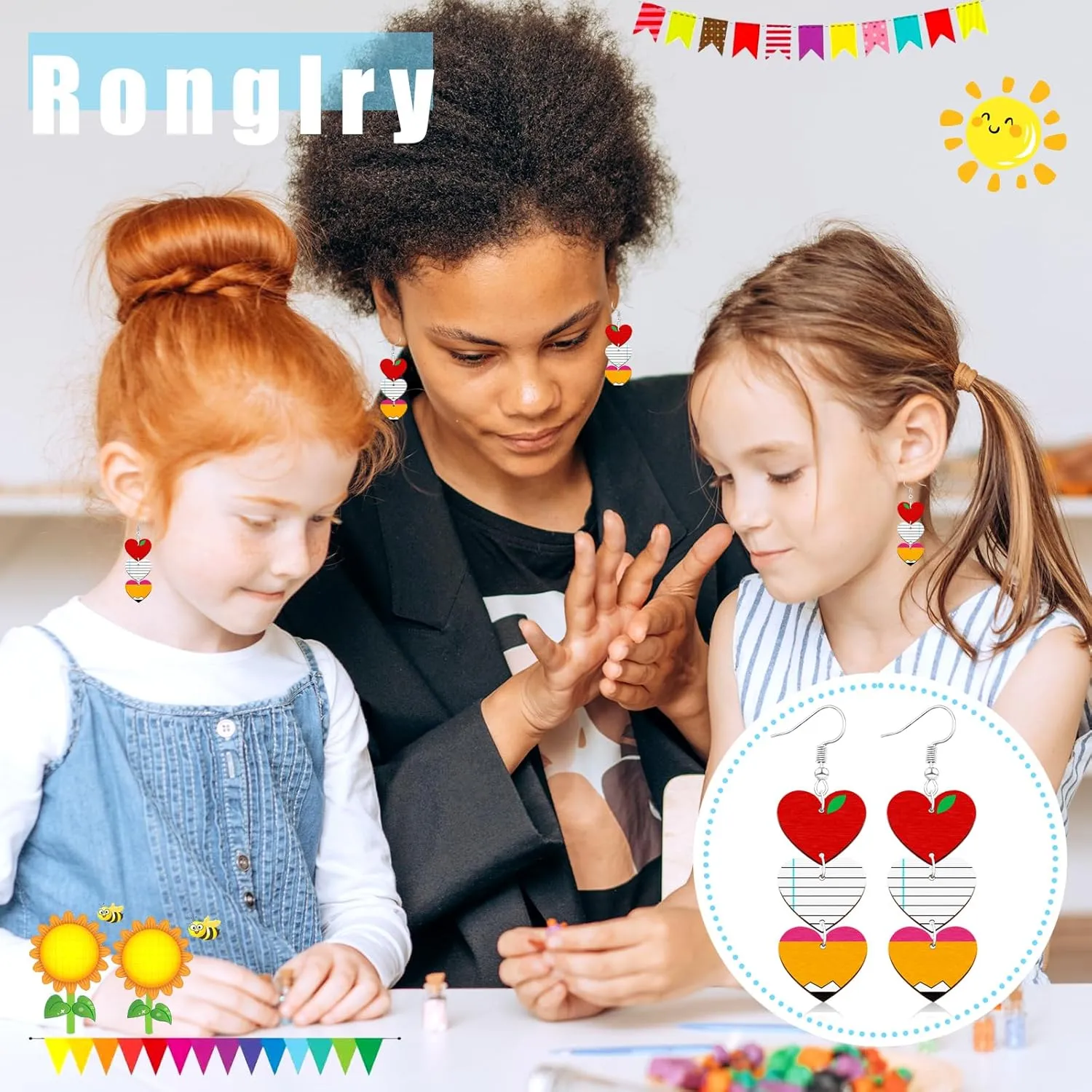 Ronglry Double-sided Print Wooden Teacher Earrings for Women Apple Pencil Book Heart Rainbow Shaped Dangle Earrings for Teachers Lightweight Back to School Graduation Earrings Fun Teacher Appreciation Jewelry Gifts from Students