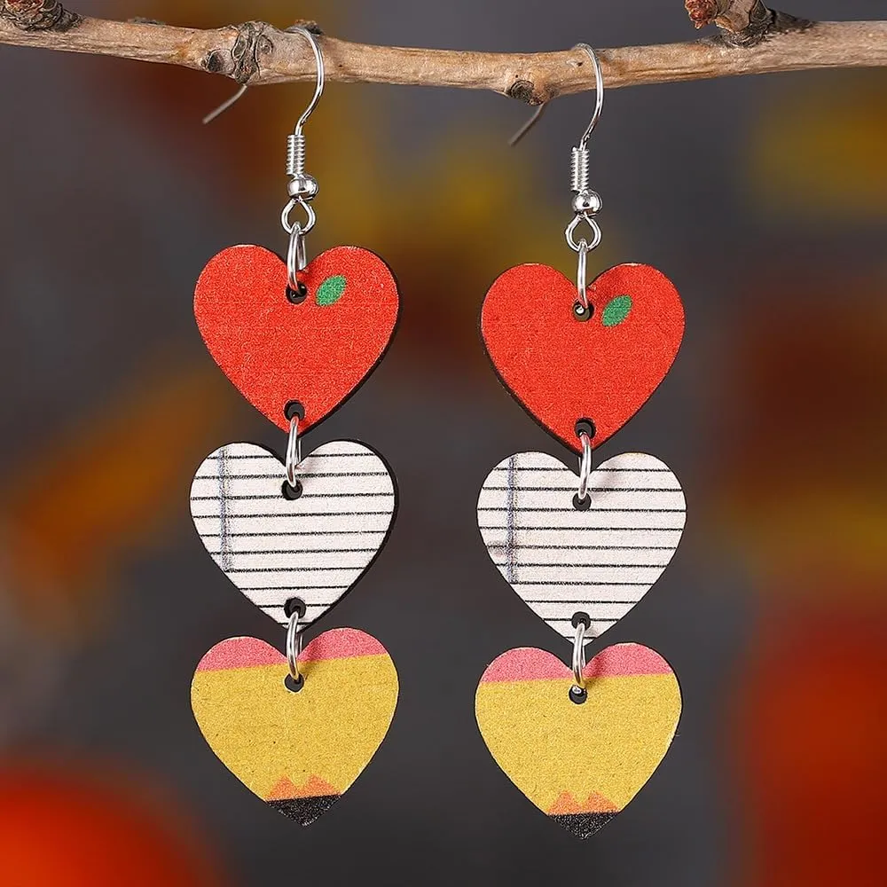 Ronglry Double-sided Print Wooden Teacher Earrings for Women Apple Pencil Book Heart Rainbow Shaped Dangle Earrings for Teachers Lightweight Back to School Graduation Earrings Fun Teacher Appreciation Jewelry Gifts from Students