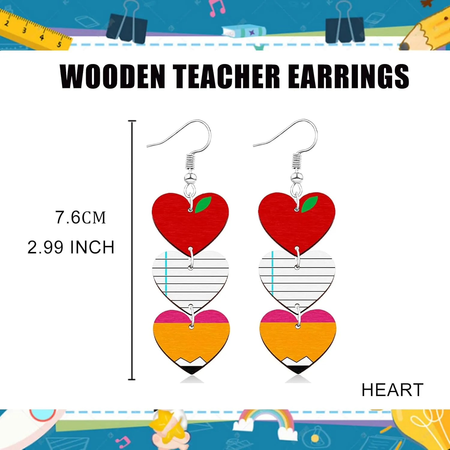 Ronglry Double-sided Print Wooden Teacher Earrings for Women Apple Pencil Book Heart Rainbow Shaped Dangle Earrings for Teachers Lightweight Back to School Graduation Earrings Fun Teacher Appreciation Jewelry Gifts from Students