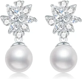 S925 Silver Drop Dangle Pearl Earrings for Brides, Gold/Silver Bridal Jewelry for Wedding with Cubic Zirconia Crystals