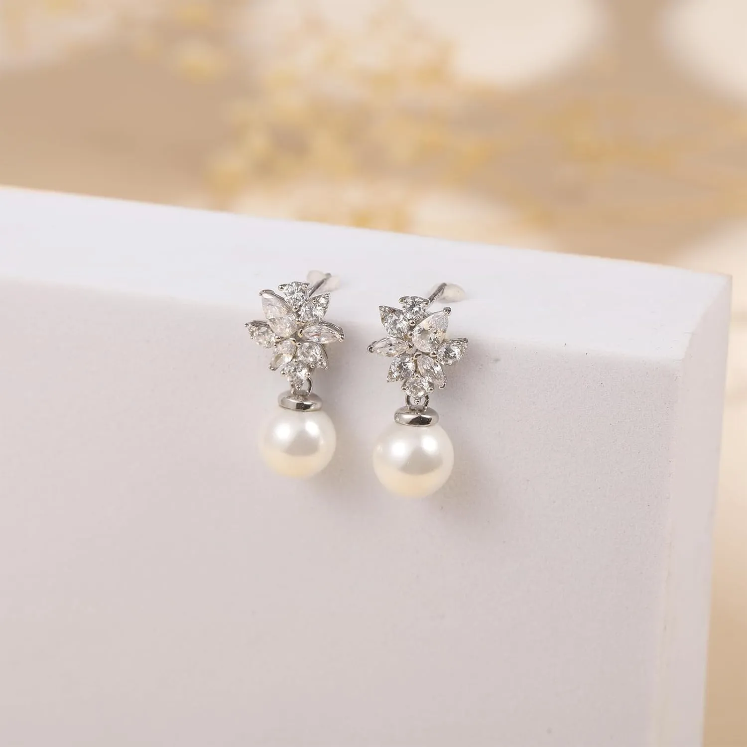 S925 Silver Drop Dangle Pearl Earrings for Brides, Gold/Silver Bridal Jewelry for Wedding with Cubic Zirconia Crystals