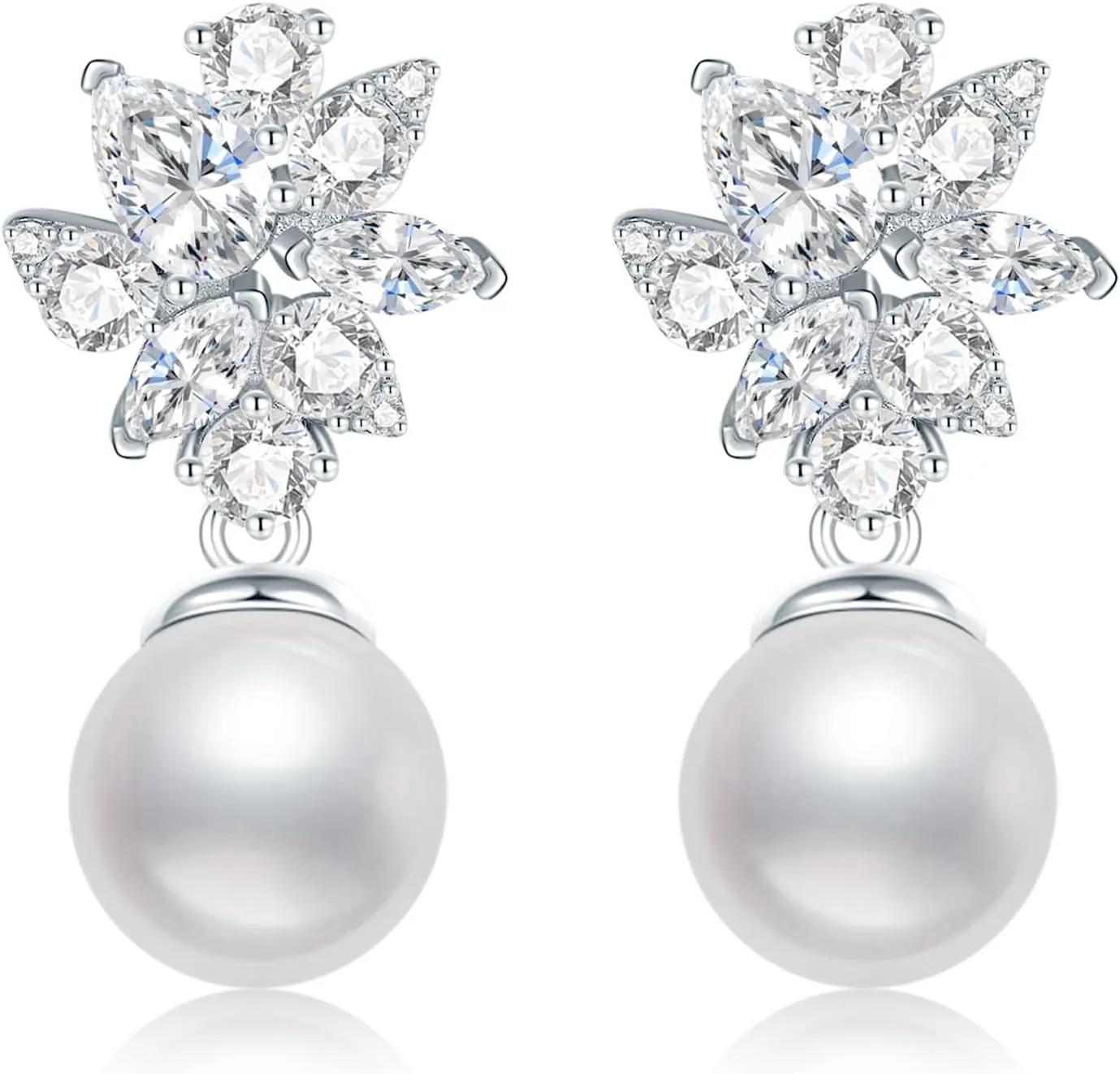 S925 Silver Drop Dangle Pearl Earrings for Brides, Gold/Silver Bridal Jewelry for Wedding with Cubic Zirconia Crystals
